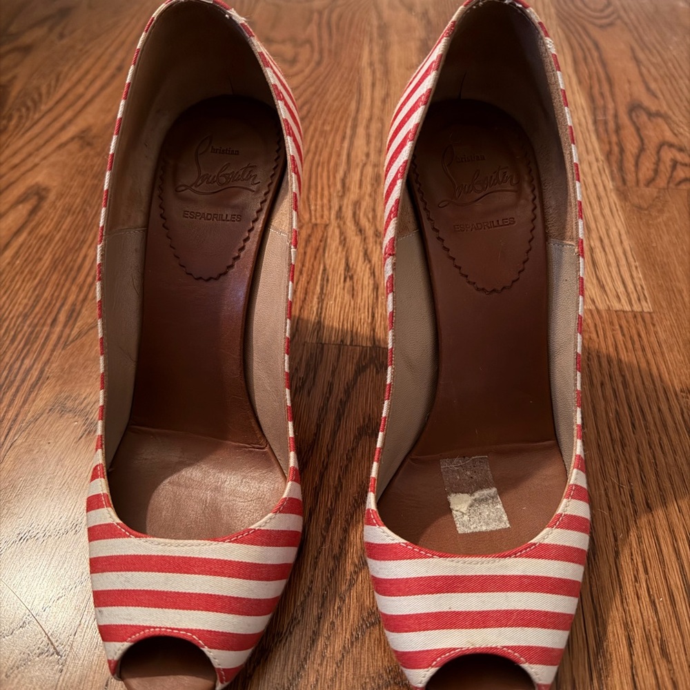 Louboutin Red and White Striped Wedge Espadrille Heels